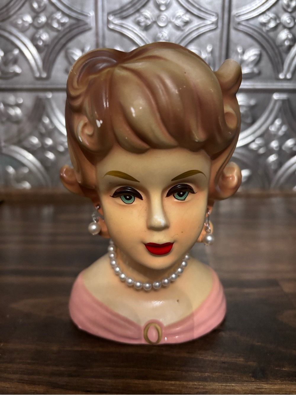 Vintage Ruben  Lady Head Vase with Pink Dress and Pearl Necklace